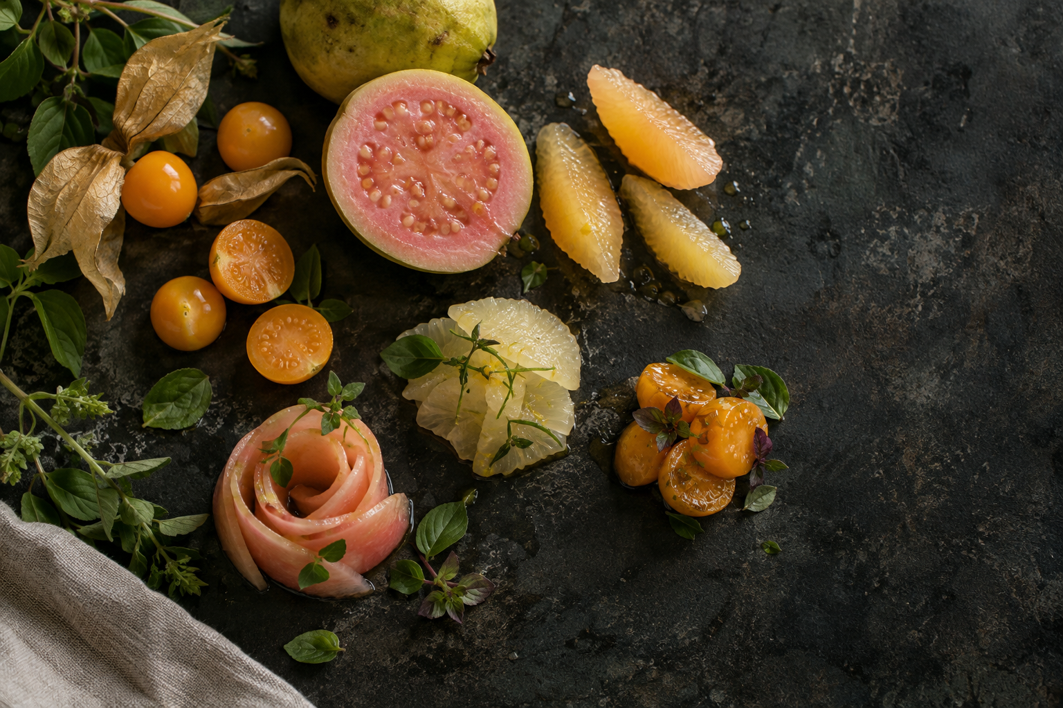 Guayaba, uchuvas y cítricos preparados para una cocina de autor